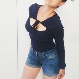 Free People Bow Tied Navy Blue Long Sleeve